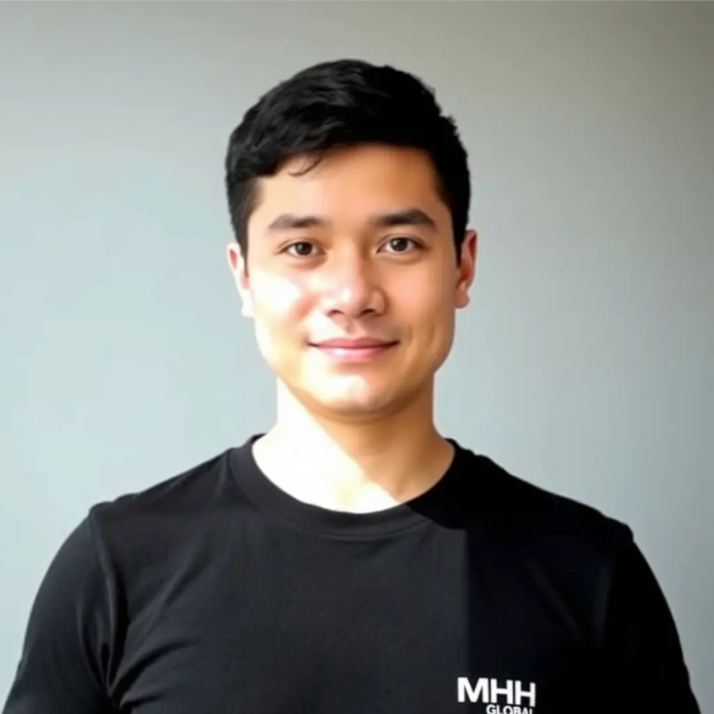 A person wearing a black MH Global t-shirt with the company logo on the front.