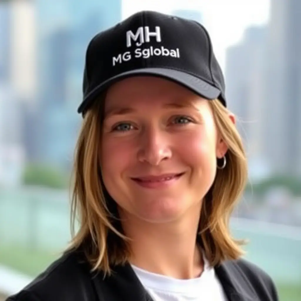 A person wearing a black MH Global hat with the company logo on the front.