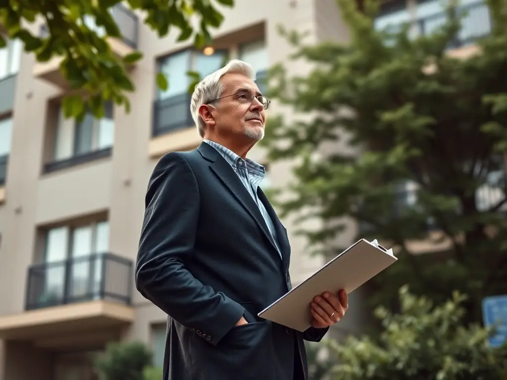 A property manager inspecting a well-maintained apartment complex, ensuring everything is in top condition.