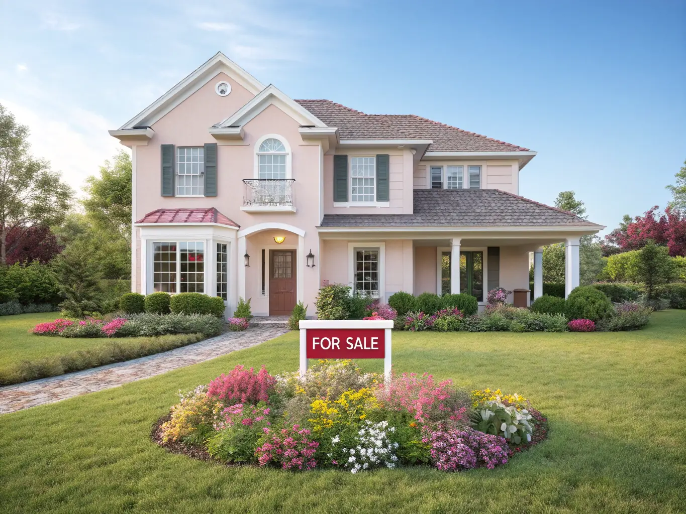 A well-staged luxury home with a 'For Sale' sign in the front yard, representing the process of selling a property and attracting potential buyers.