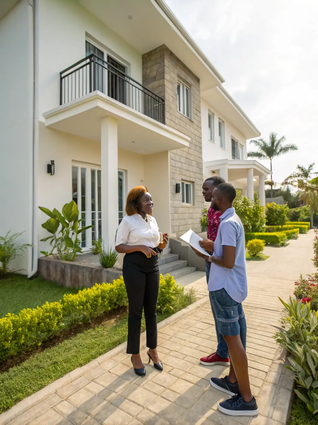 A property manager from MH Global inspecting a residential building with tenants nearby, showcasing comprehensive property management services.