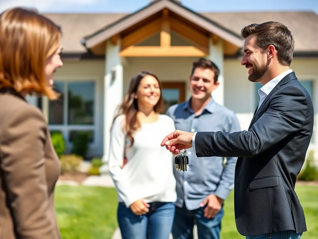 A friendly real estate agent handing over keys to a new homeowner in front of a suburban house.
