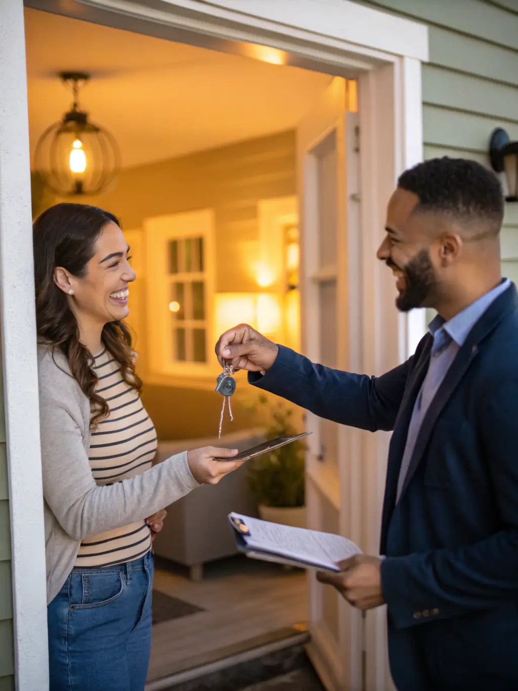 A real estate agent from MH Global handing over keys to happy clients in front of a new home, symbolizing successful sales and rentals.