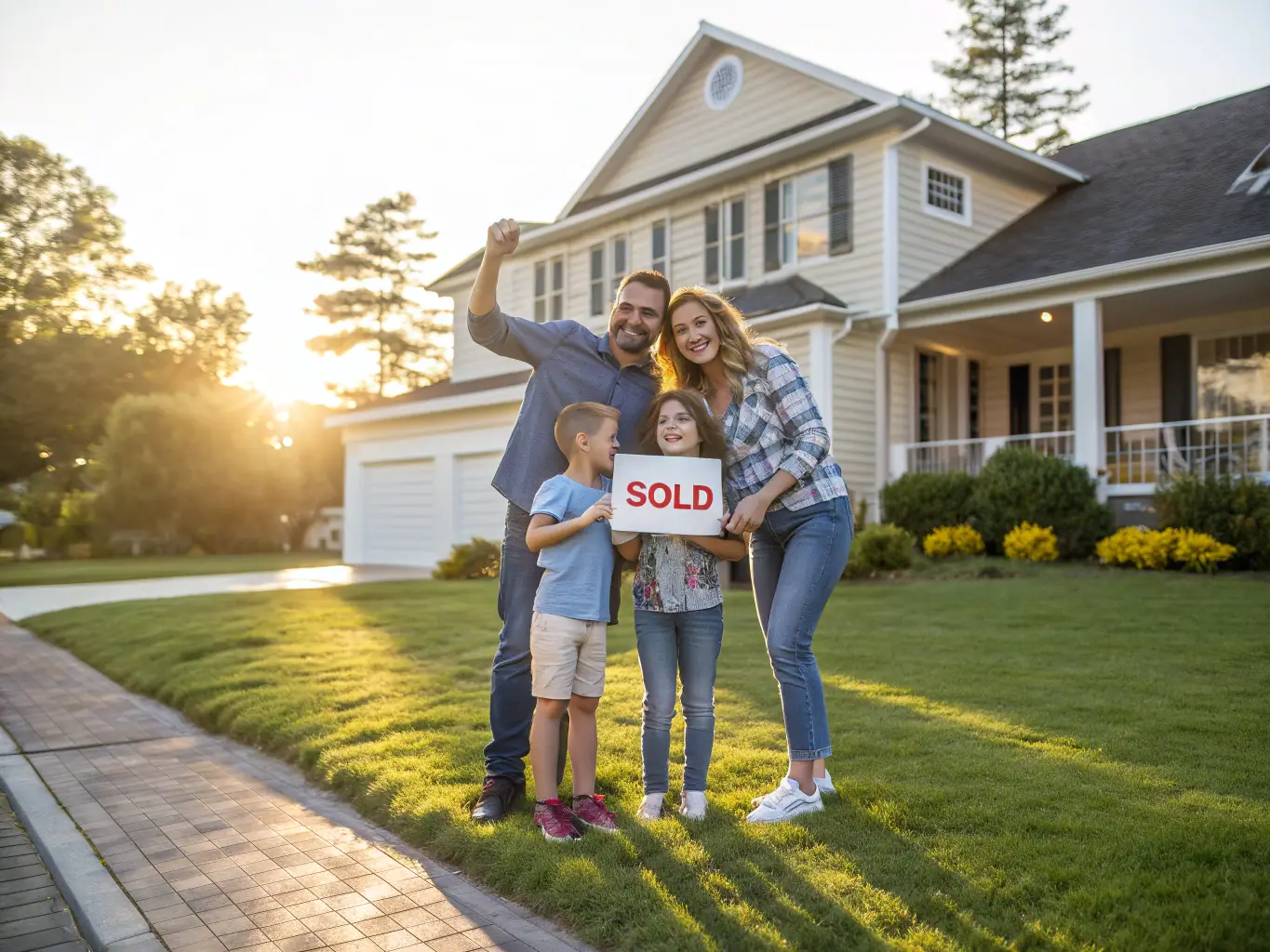 A modern family happily receiving keys to their new home from a real estate agent, symbolizing the joy of homeownership and the beginning of a new chapter.